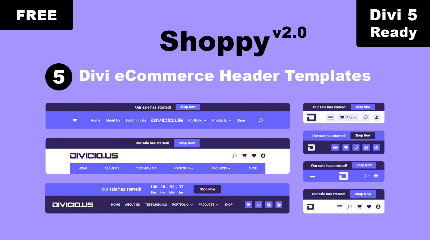 Shoppy Divi eCommerce Header Templates Pack v2.0. Compatible with Divi 5.