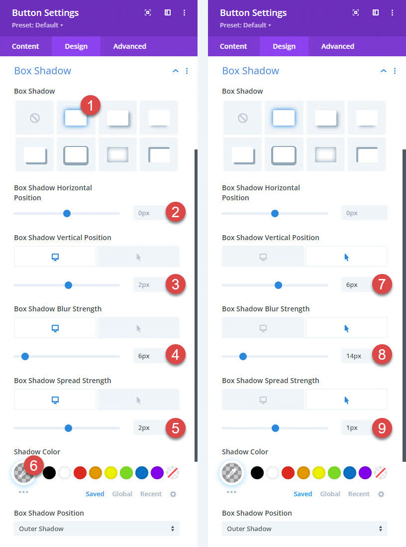 Apply Divi button box shadow settings.
