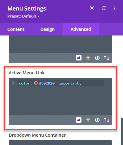 Add the active menu link custom CSS in Divi Menu module settings