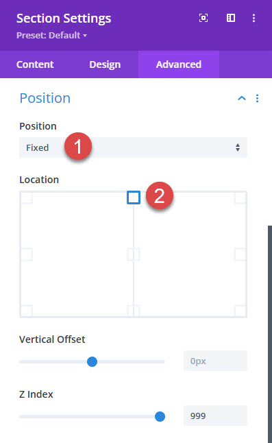 Make Divi section fixed and select top-center location