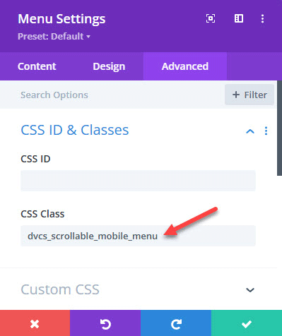 Add custom CSS class to the Divi Menu module.
