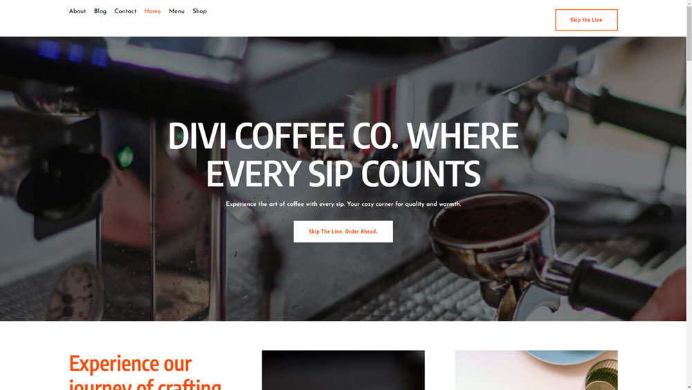 The homepage of the Coffee starter site with Divi 4 installed.