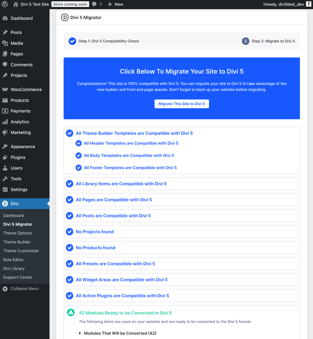 Divi 5 Migrator compatibility check results.