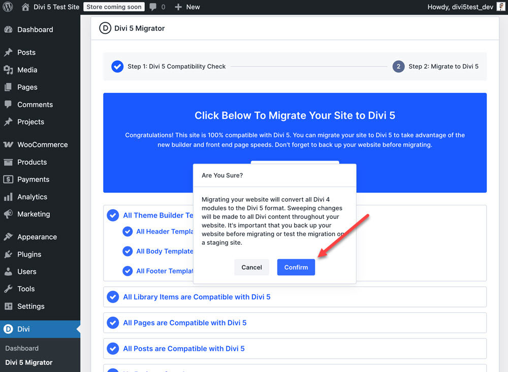 Confirm migration to Divi 5.