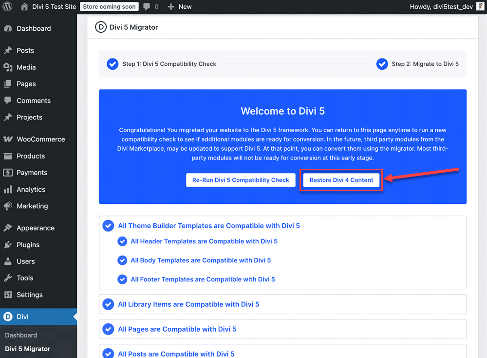 Click the "Restore Divi 4 Content" button.