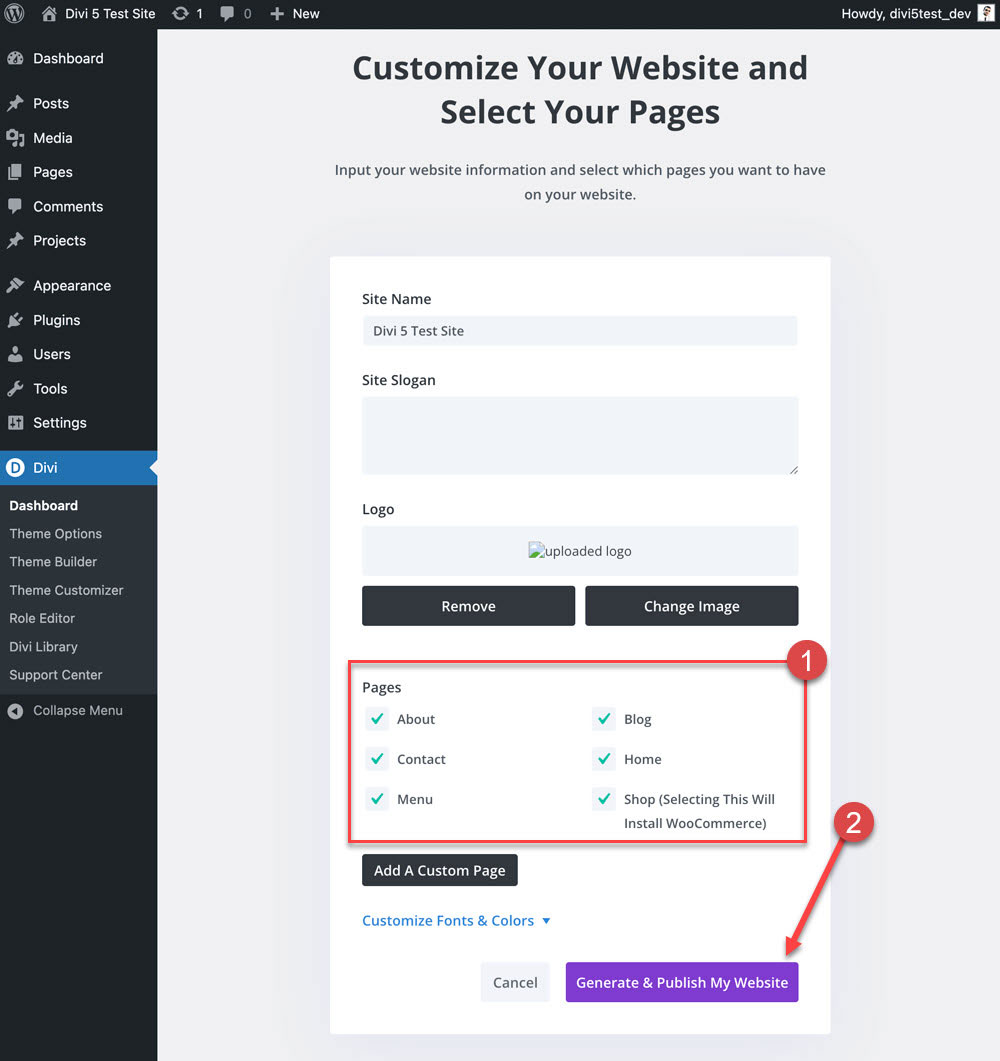 Customize the website and select pages.