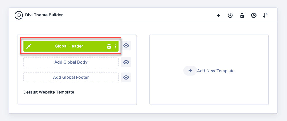 Global header template added in Divi Theme Builder.