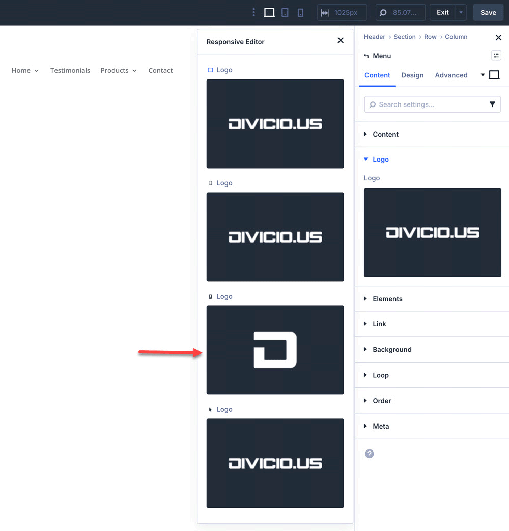 Open the responsive editor of Divi Menu module Logo field.