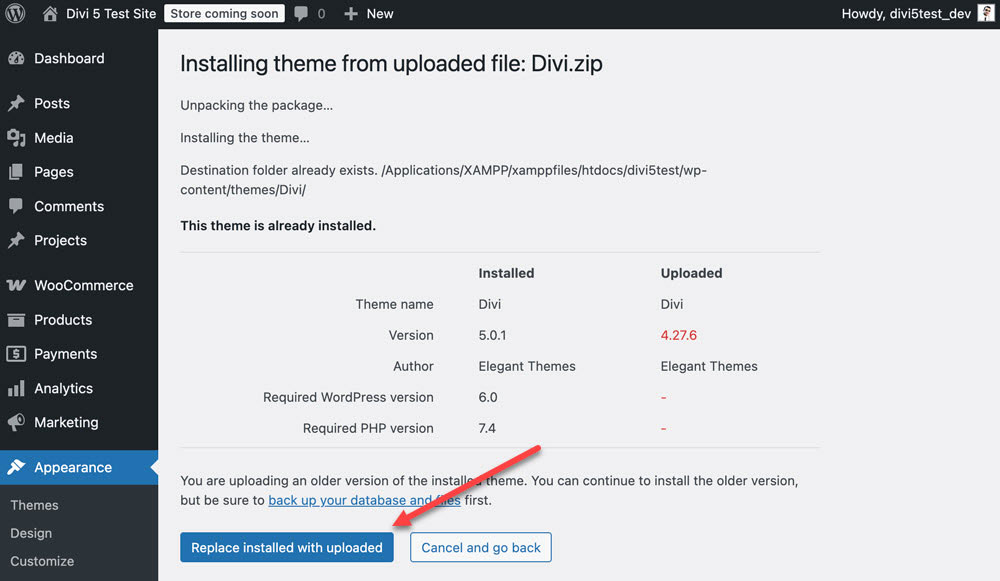 Replace the active Divi 5 with the uploaded Divi 4 theme.