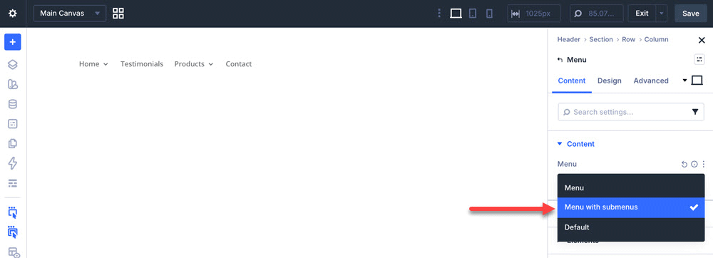 Select a menu in the Divi Menu module content settings.