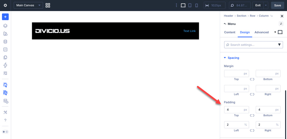 Set Divi Menu module padding.