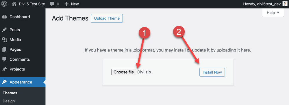 Upload the theme zip file and click the Install Now button to install Divi.