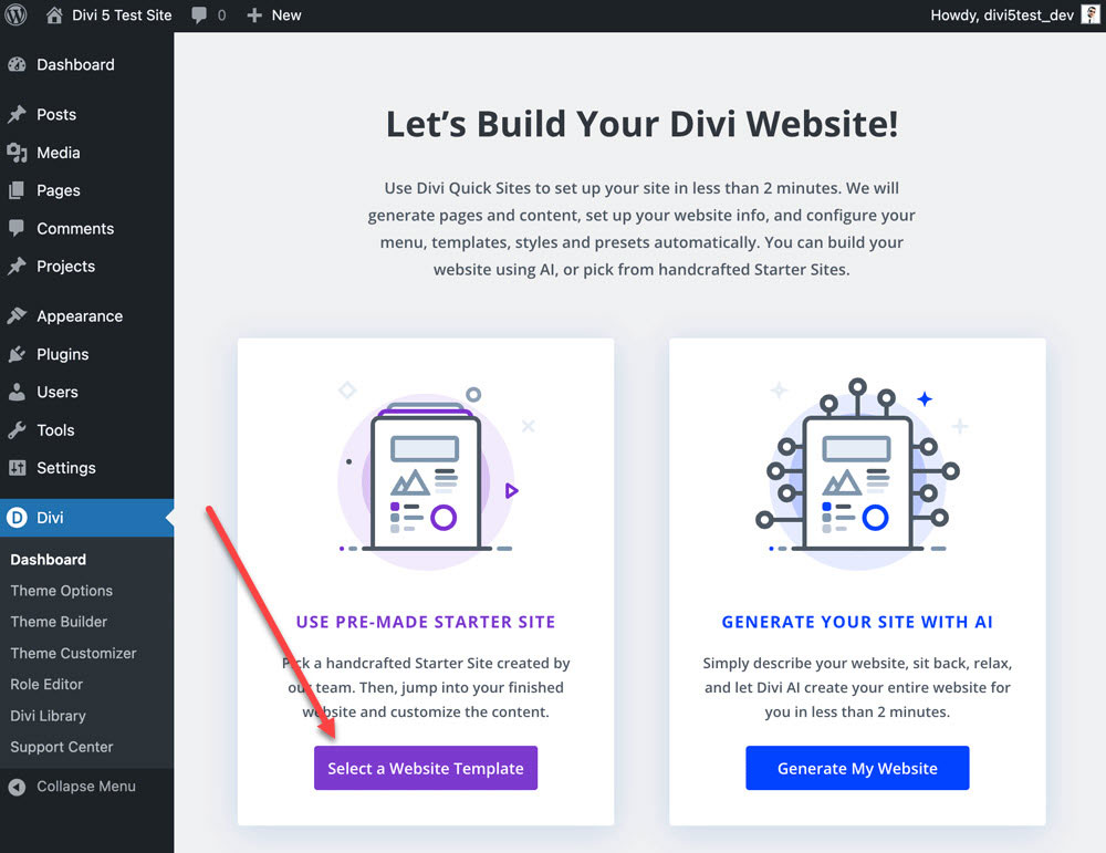 Use a pre-made started site to generate you site with Divi AI.