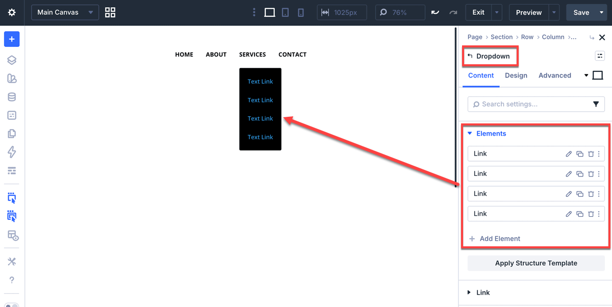 Add Link modules inside the Dropdown module to create submenu items