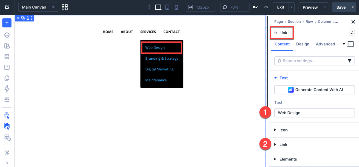 Add the submenu item text and URL in the Link module settings
