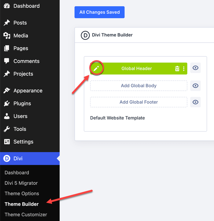 Edit the Global Header template in Divi Theme Builder.