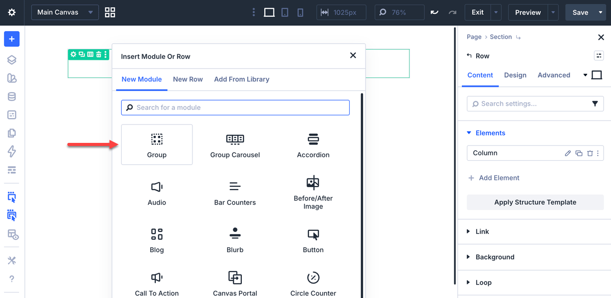 Insert the Group module in Divi header layout