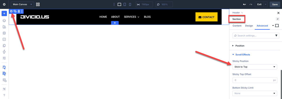 Make Divi header section sticky.