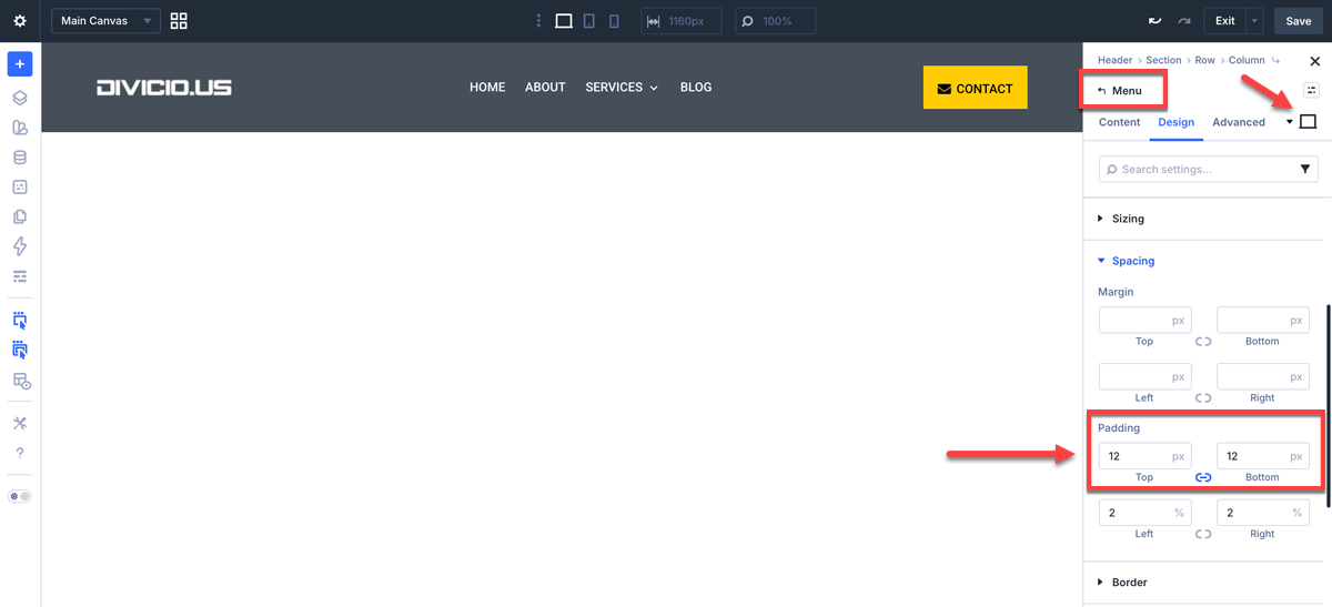 Set Divi header padding for normal state.