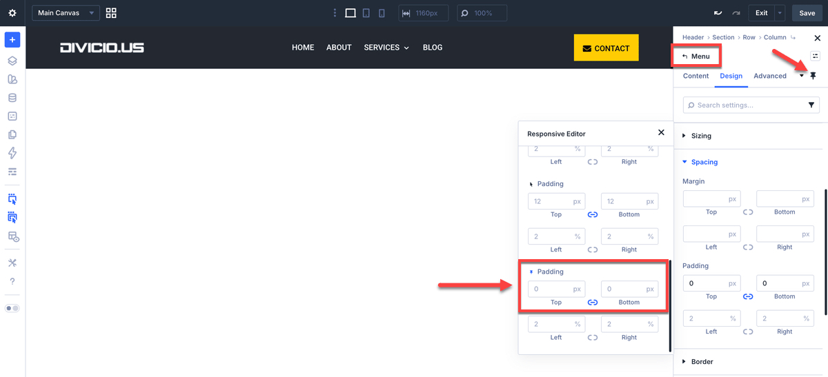 Set Divi header padding for sticky state.
