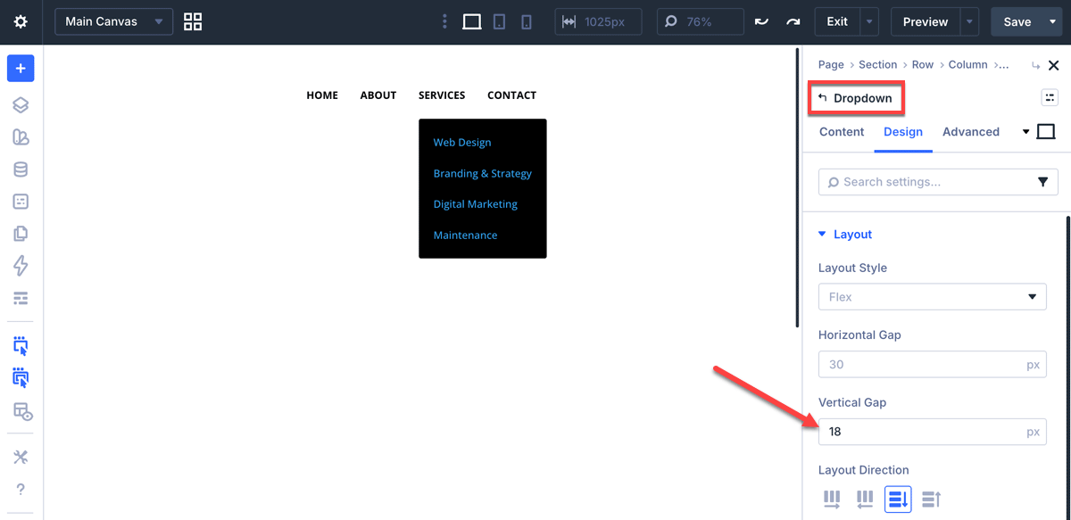 Set a vertical gap in the Dropdown module settings