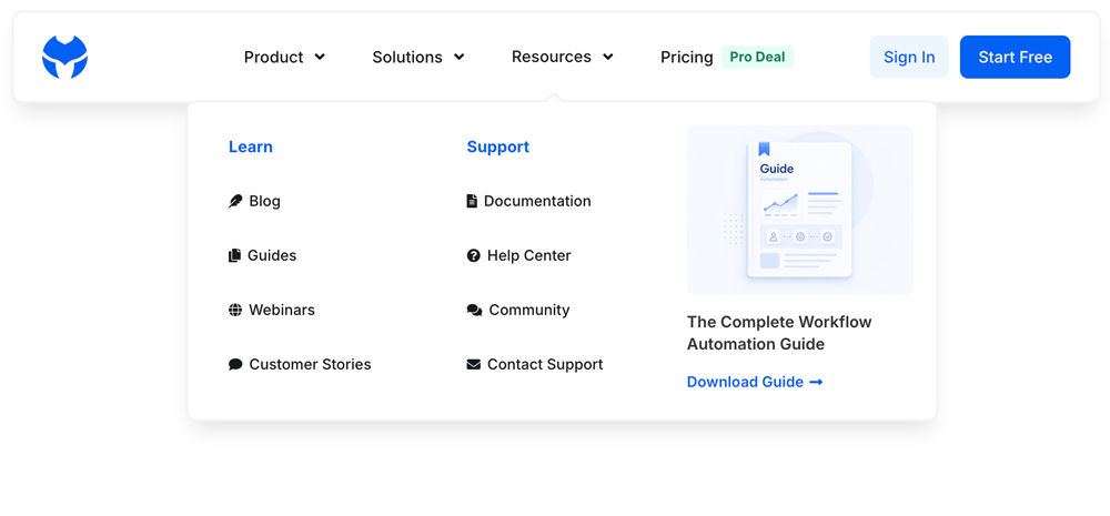 The Resources menu item's mega menu dropdown