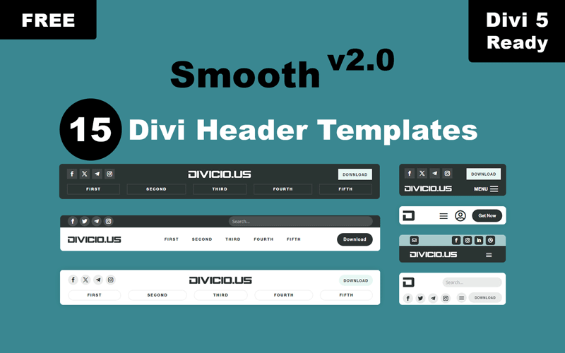 Free Download Smooth Divi Header Templates Pack v2.0. Compatible with Divi 5.