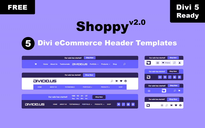 Free Shoppy Divi eCommerce Header Templates Pack v1.0. Compatible with Divi 5.